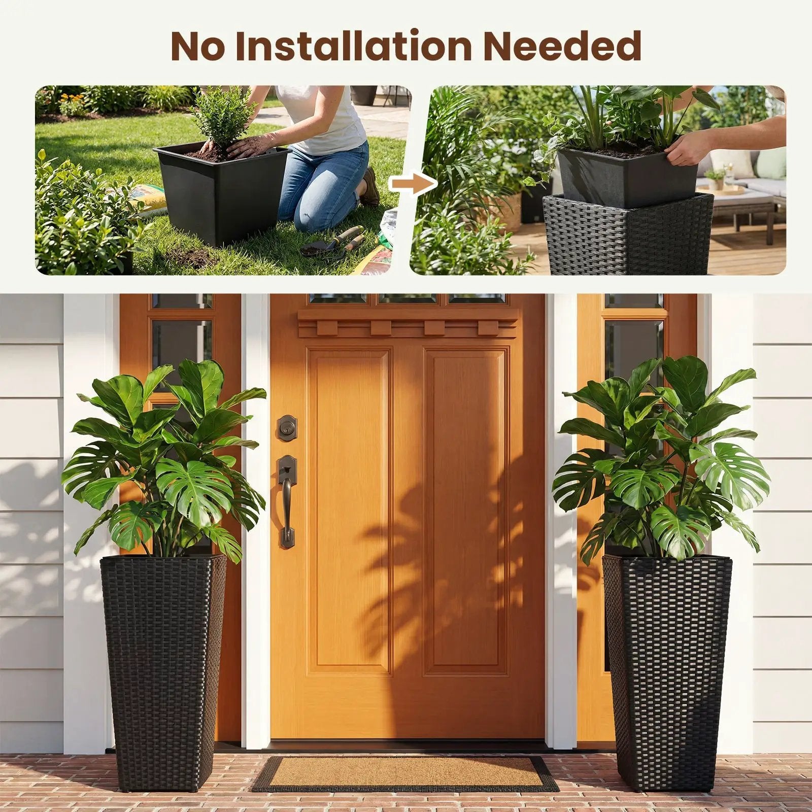 Set of 2 Rattan Tall Plant Pots with Detachable Plastic Liners-Black by DirectDeals