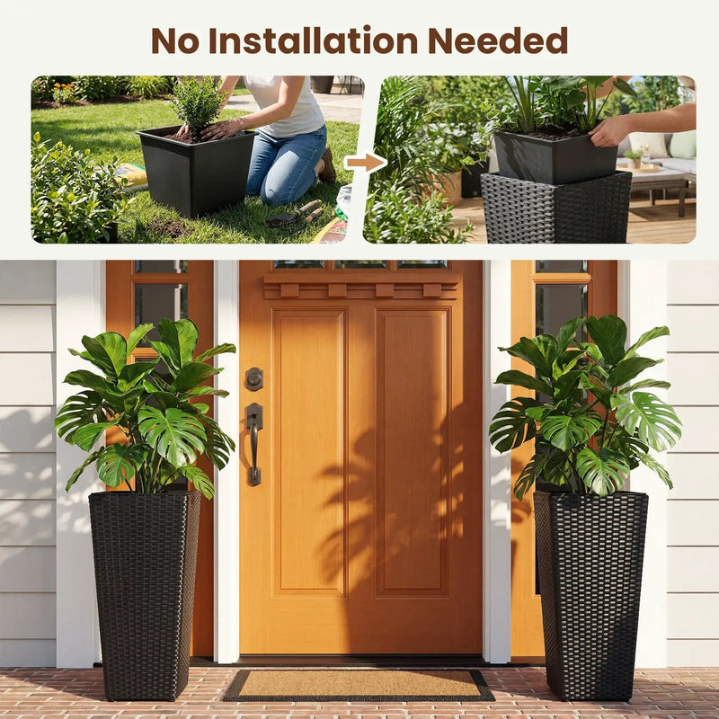 Set of 2 Rattan Tall Plant Pots with Detachable Plastic Liners-Black by DirectDeals