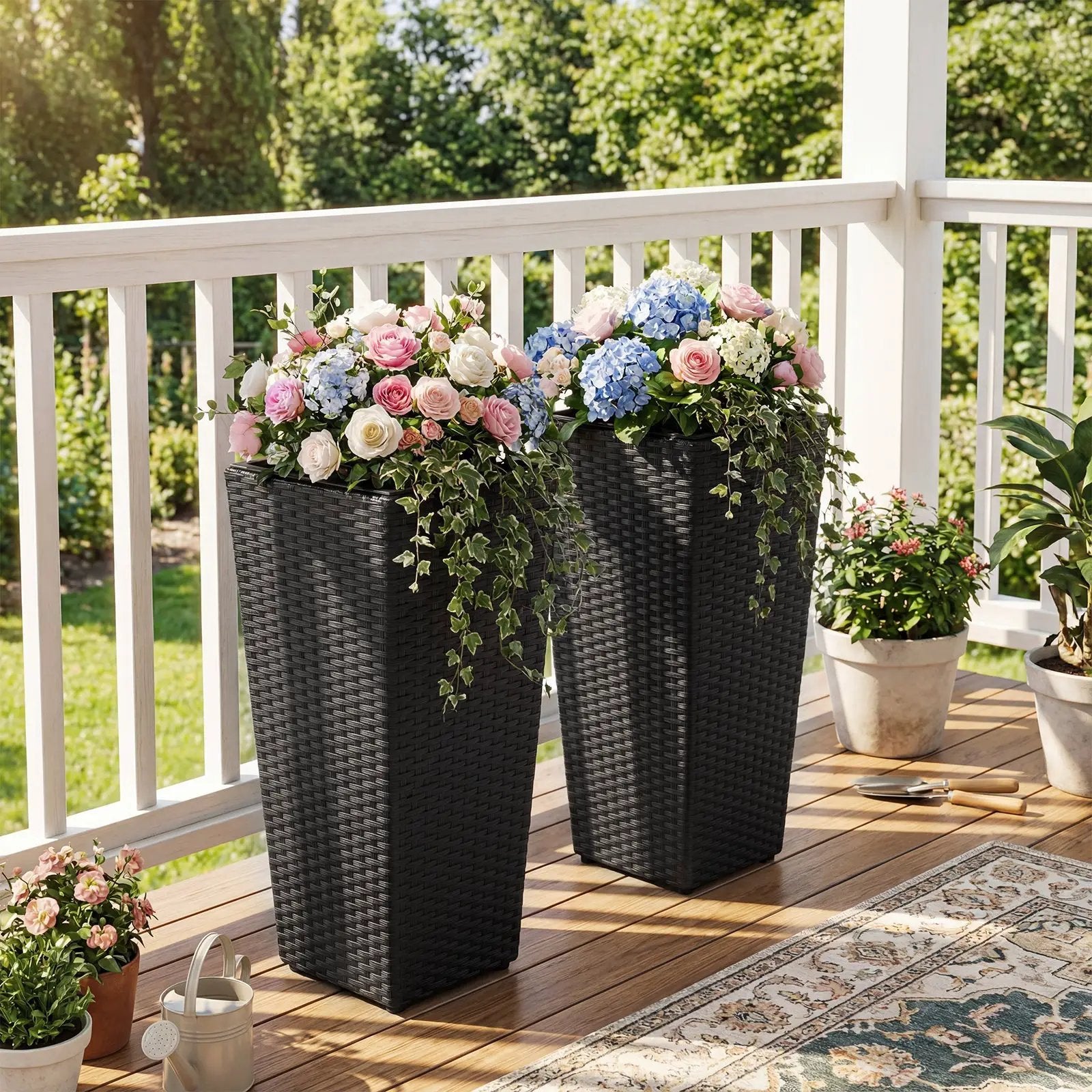 Set of 2 Rattan Tall Plant Pots with Detachable Plastic Liners-Black by DirectDeals