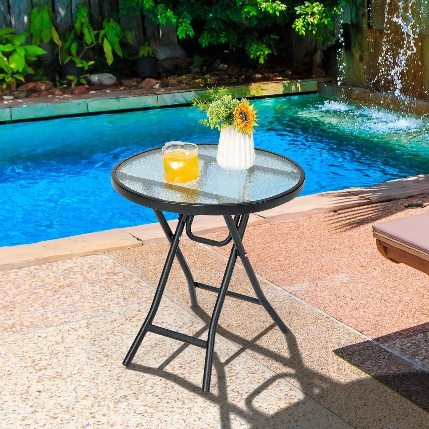 Round Folding Patio Side Tables with Tempered Glass Top by DirectDeals