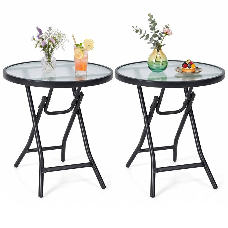 Round Folding Patio Side Tables with Tempered Glass Top by DirectDeals