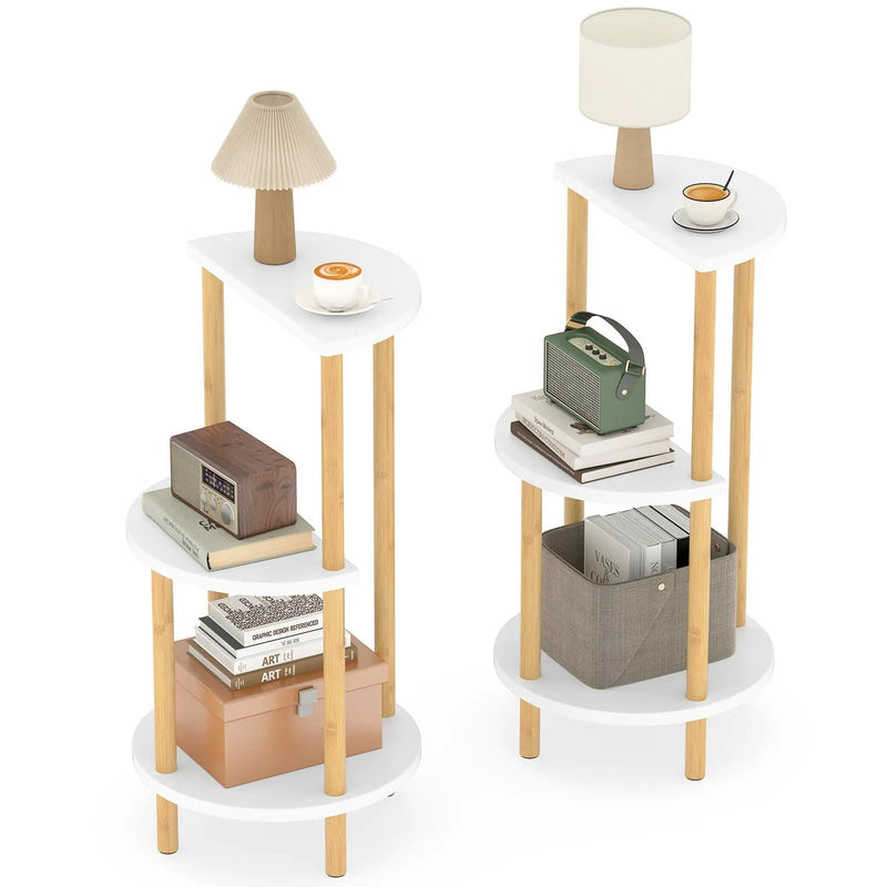 Set of 2 Round Side Table Compact with 3-Tier Shelves and Bamboo Construction-White by DirectDeals