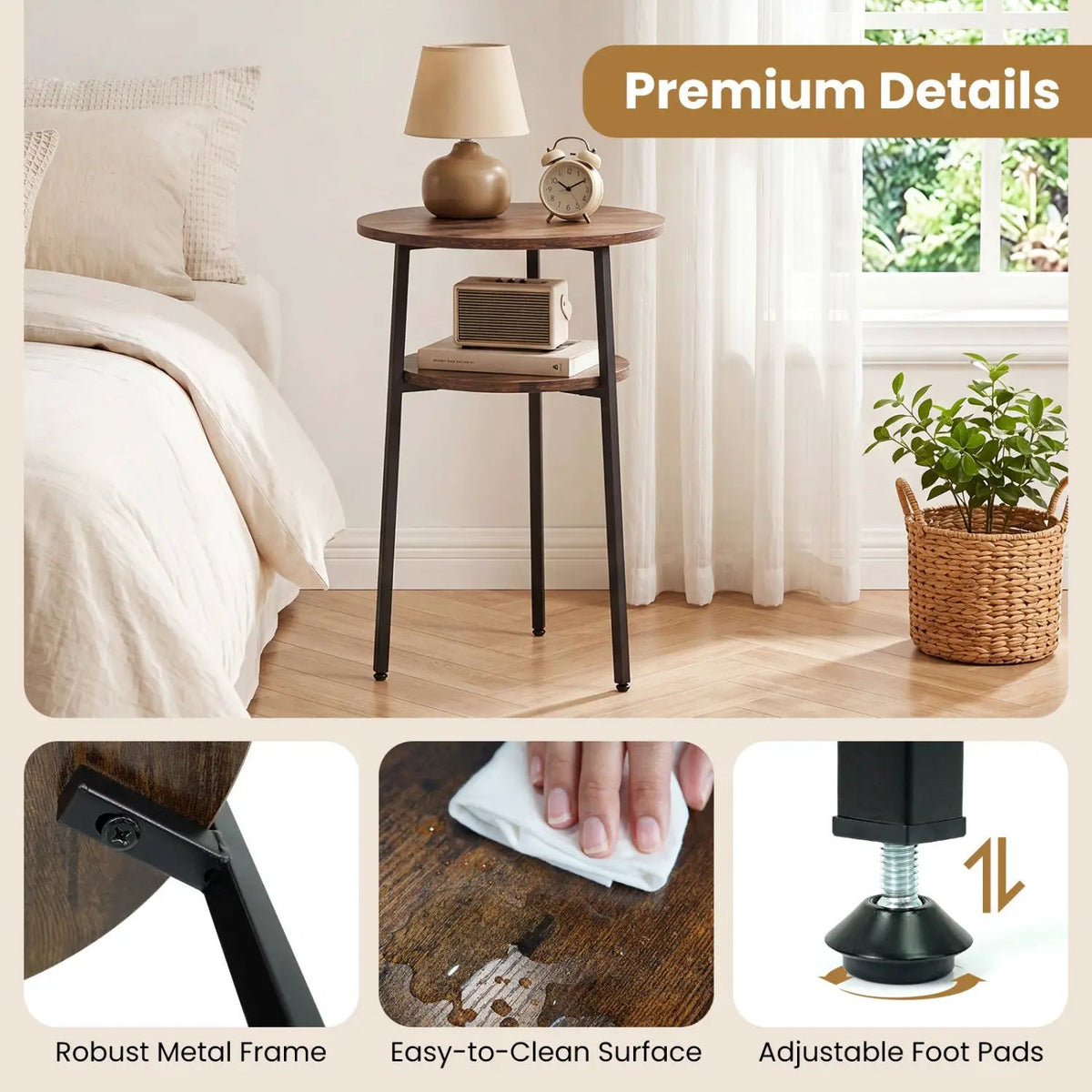 Round Side Table Set with Storage Shelf - Rustic Brown by DirectDeals