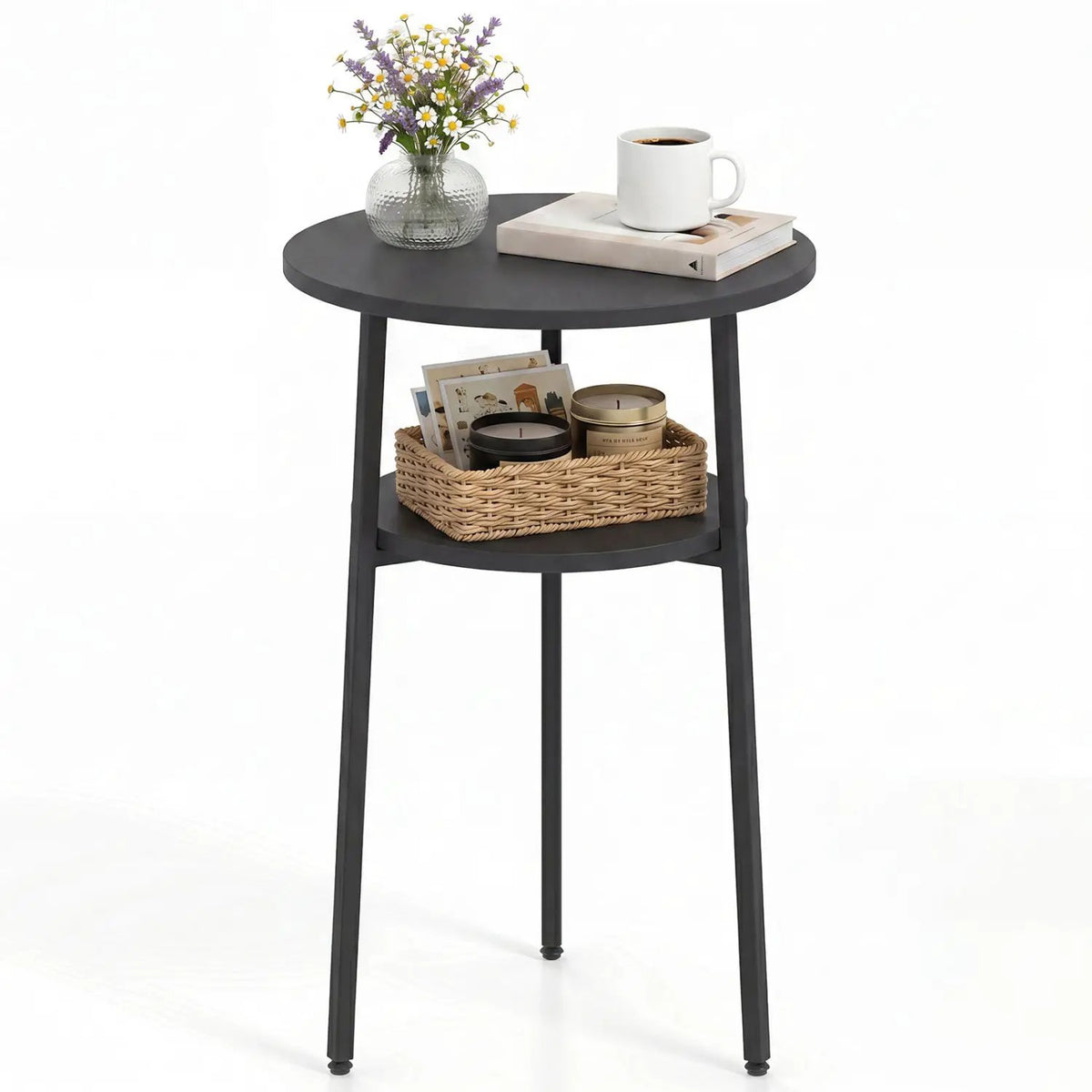 Round Side Table Set with Storage Shelf - Rustic Brown by DirectDeals