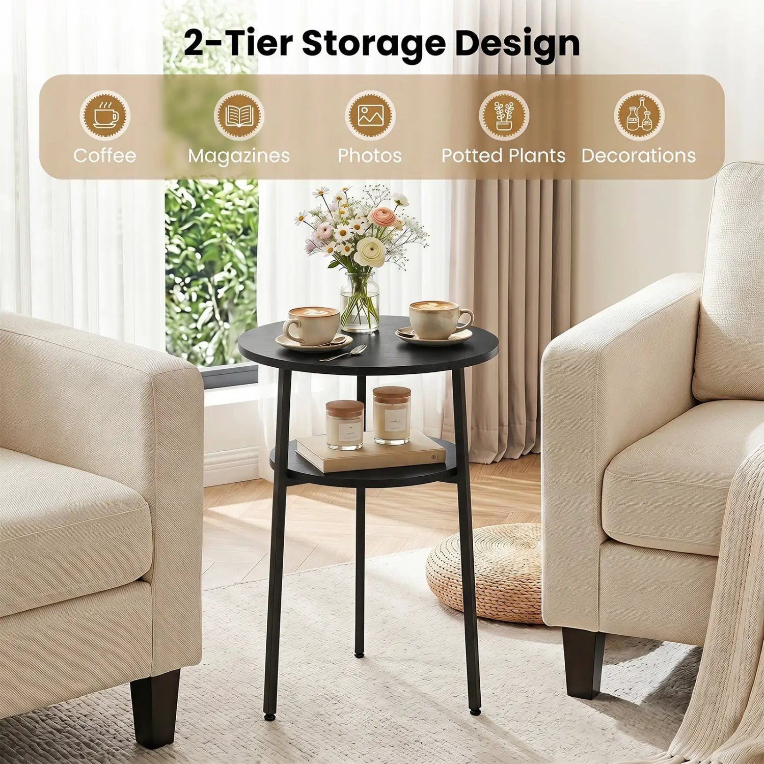 Round Side Table Set with Storage Shelf - Rustic Brown by DirectDeals