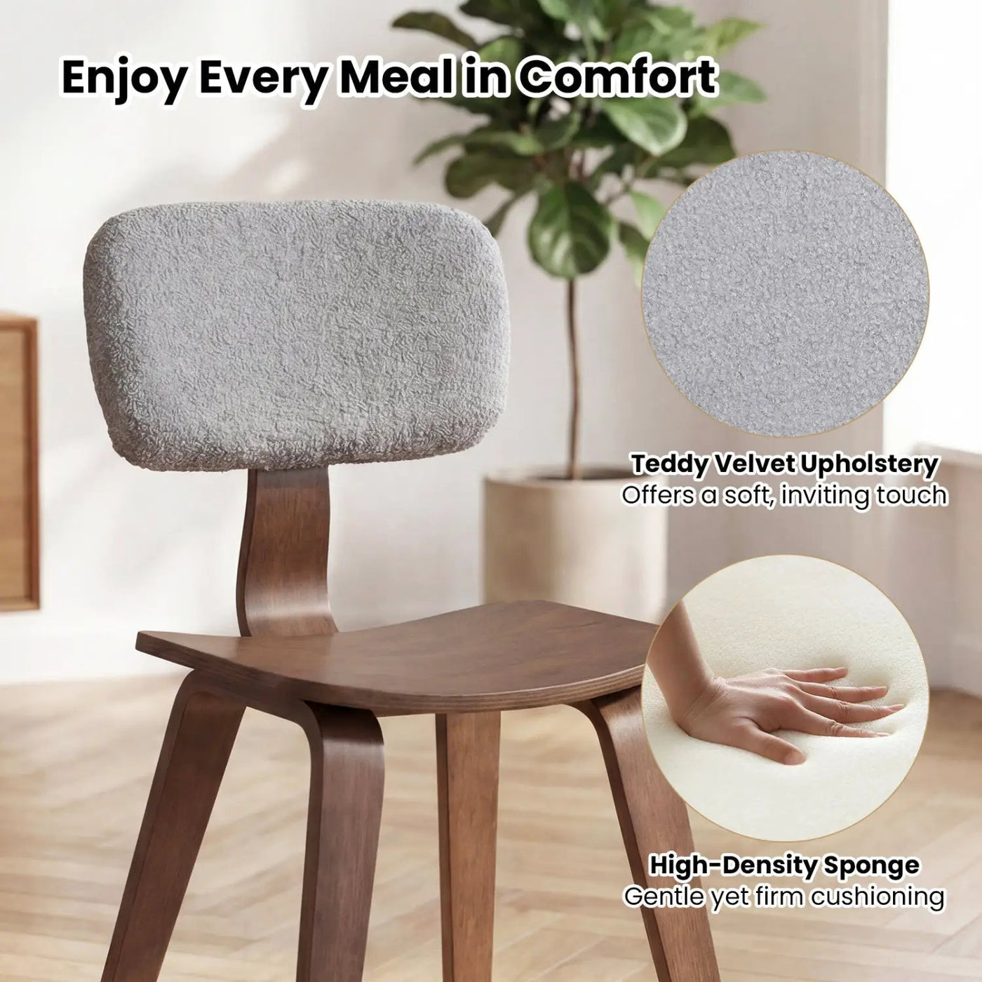 Set of 2 Rubber Wood Dining Room Chairs with Teddy Velvet Padded Backrest by DirectDeals