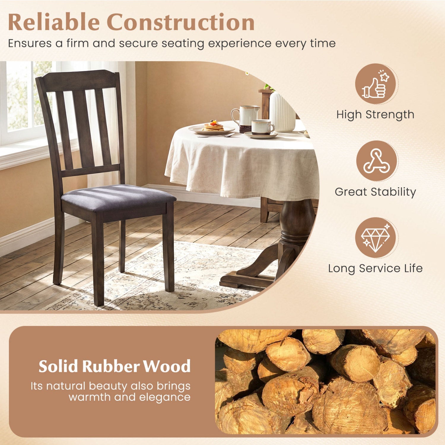 Set of 2 Rubber Wood Dining Room Chairs with Comfortable Backrest by DirectDeals