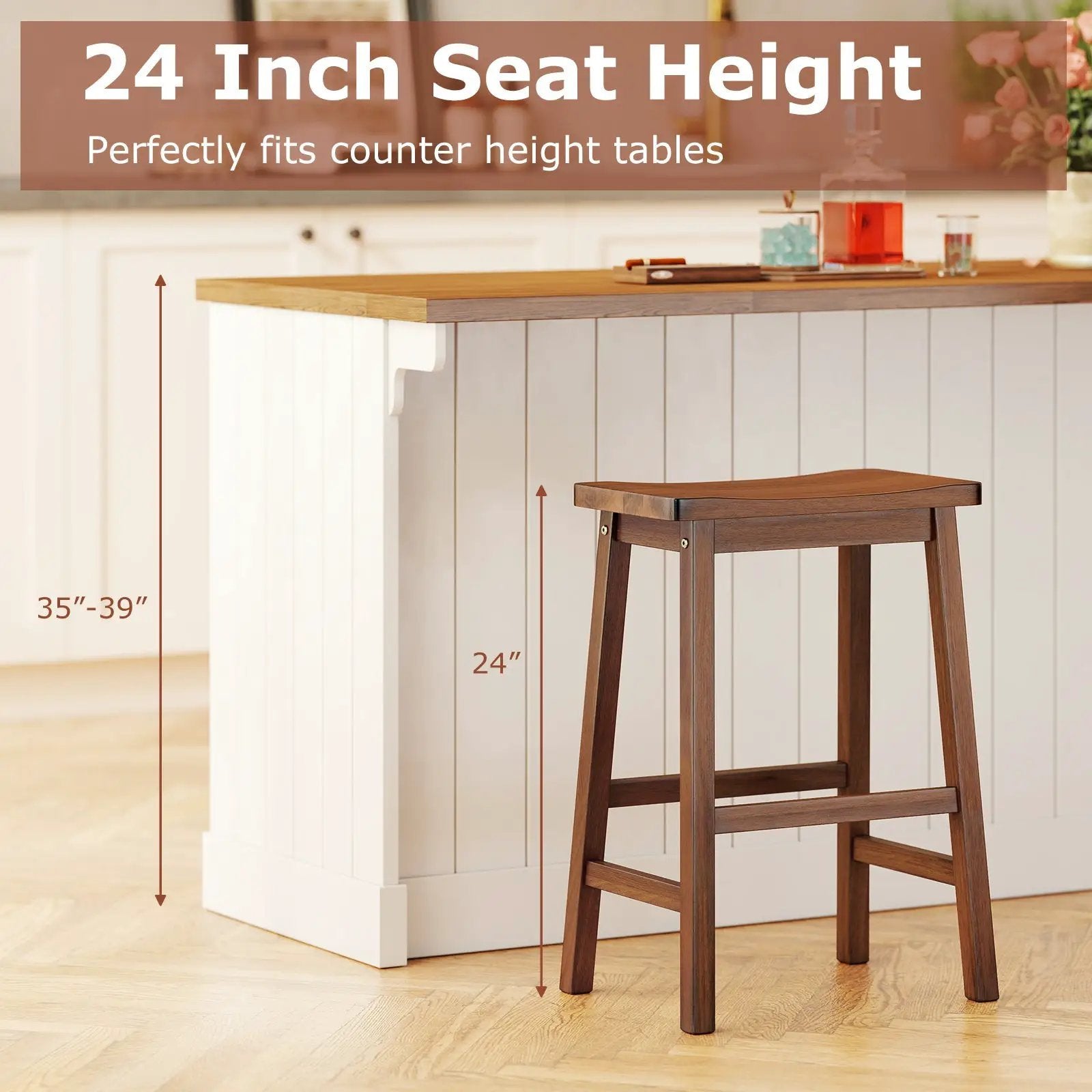 Set of 2 Saddle-Seat Counter Height Stools with Curved Seat and Footrests-Walnut by DirectDeals
