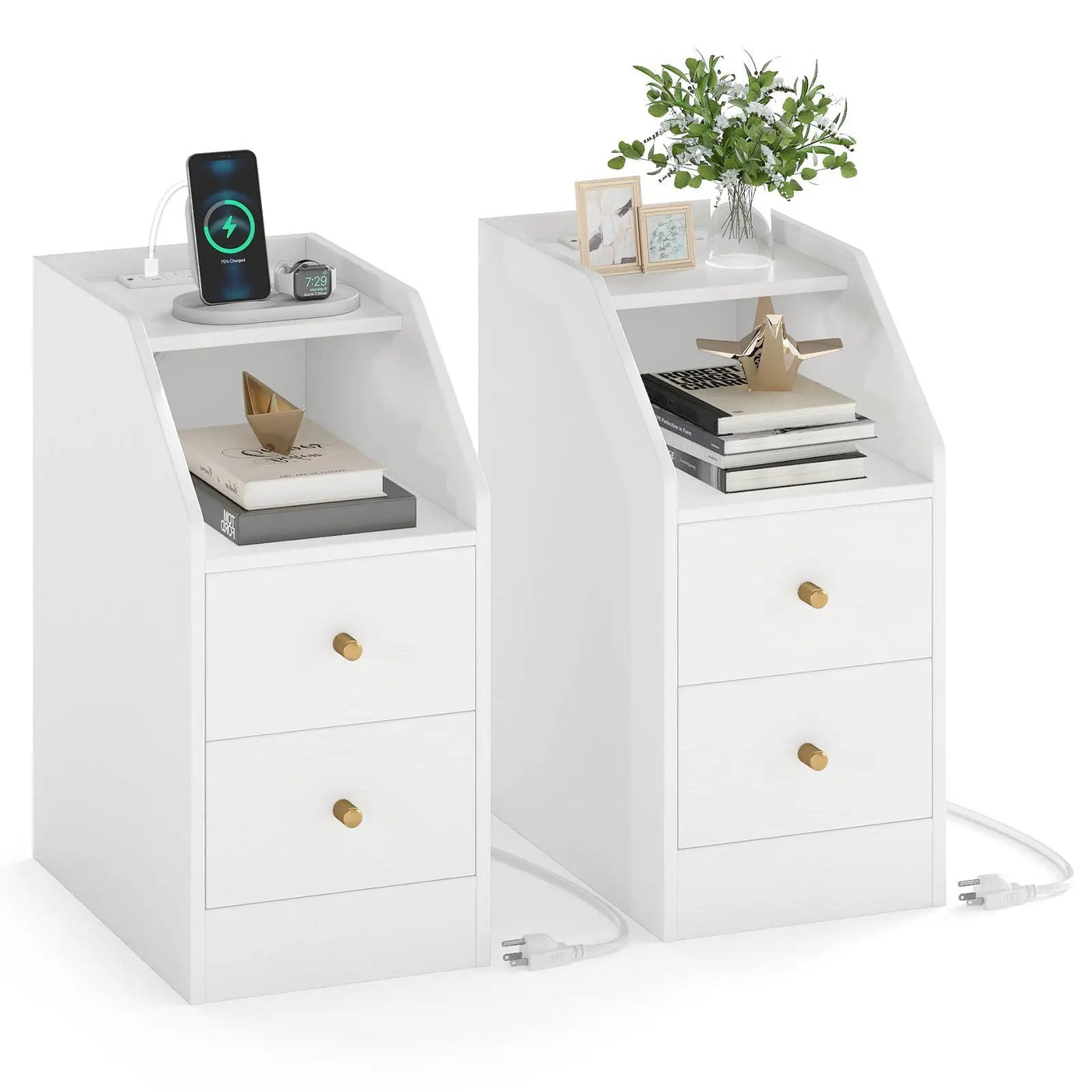 Set of 2 Side End Tables with Charging Station Sofa Couch Tables with Shelf Drawers by DirectDeals