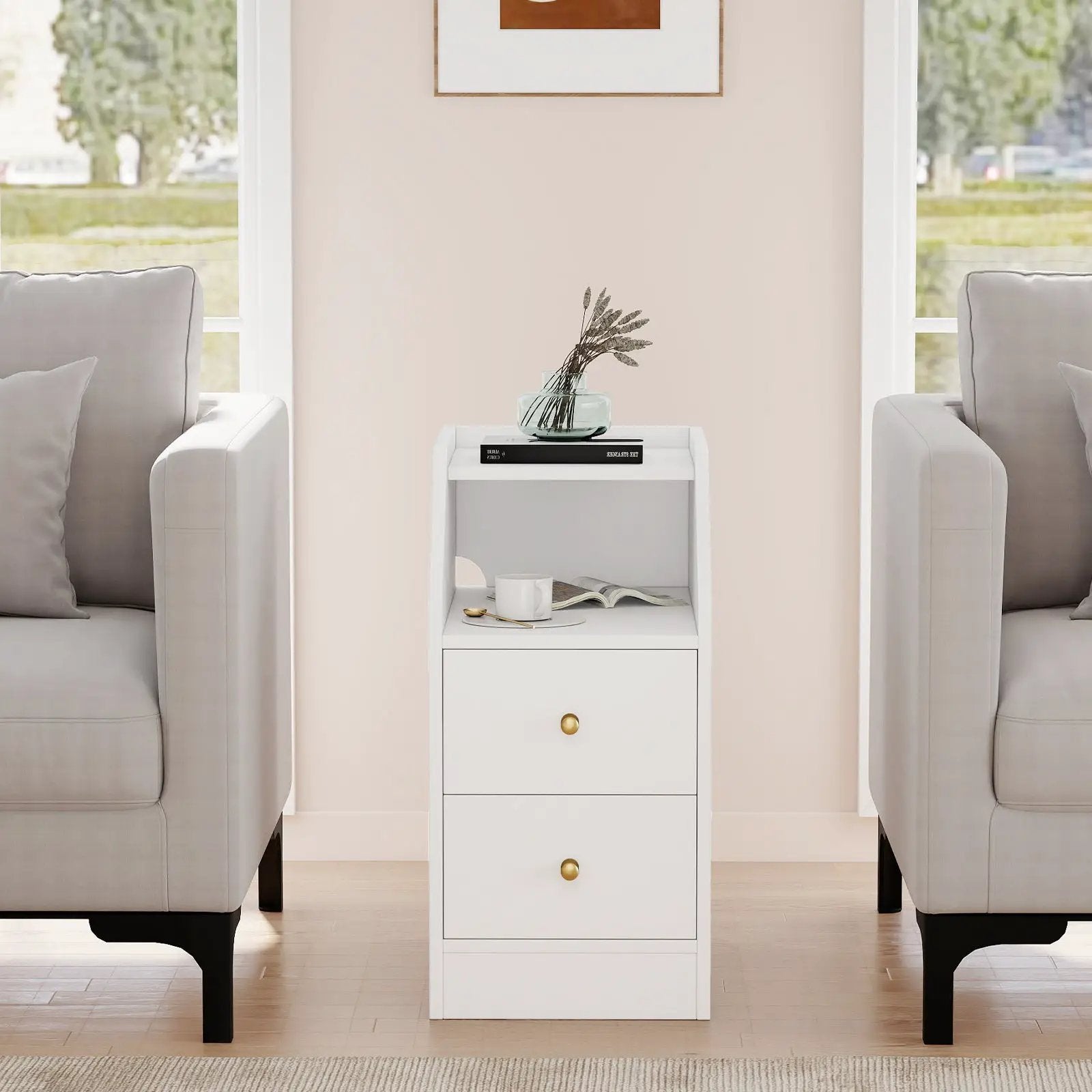 Set of 2 Side End Tables with Charging Station Sofa Couch Tables with Shelf Drawers by DirectDeals