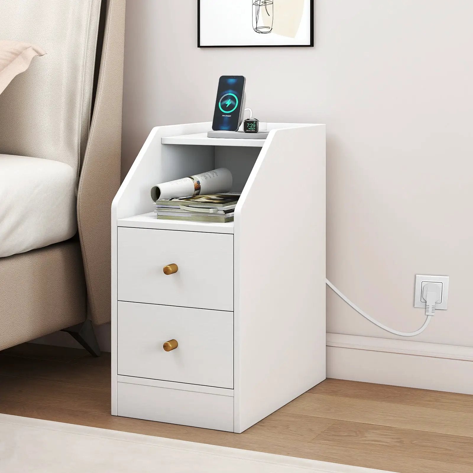 Set of 2 Side End Tables with Charging Station Sofa Couch Tables with Shelf Drawers by DirectDeals