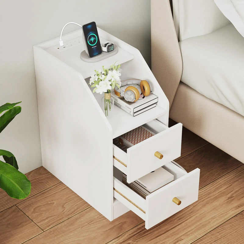Set of 2 Side End Tables with Charging Station Sofa Couch Tables with Shelf Drawers by DirectDeals