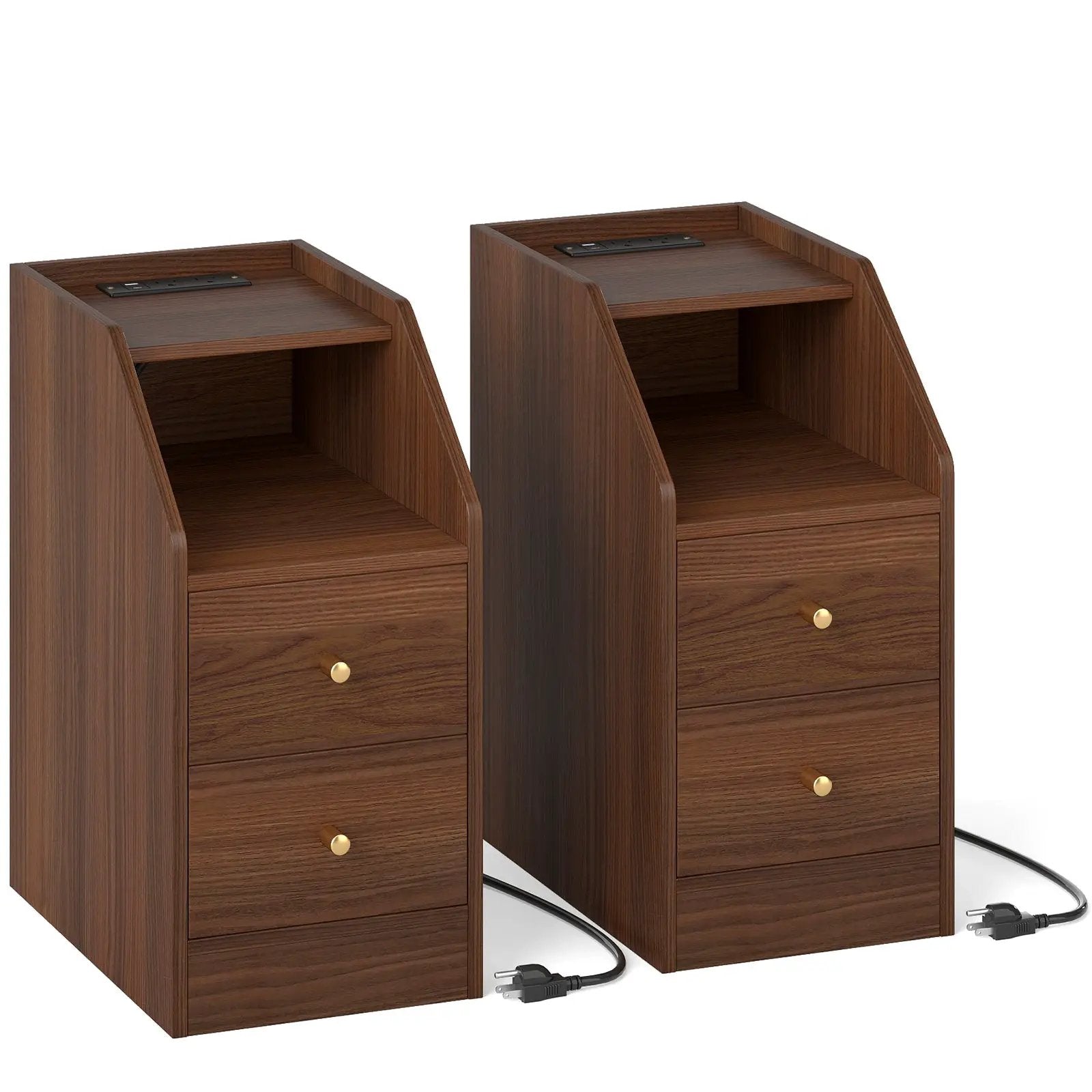 Set of 2 Side End Tables with Charging Station Sofa Couch Tables with Shelf Drawers by DirectDeals