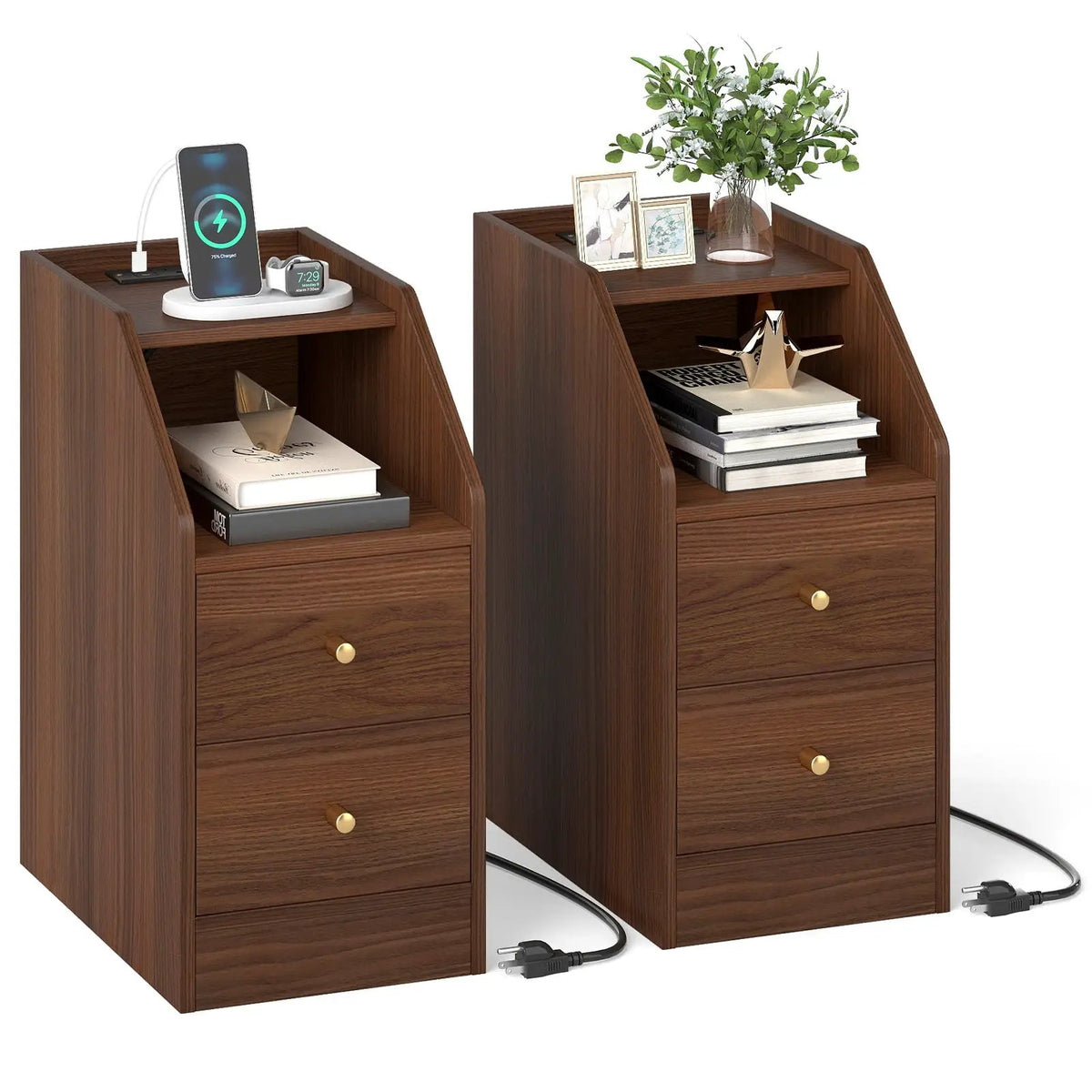 Set of 2 Side End Tables with Charging Station Sofa Couch Tables with Shelf Drawers by DirectDeals