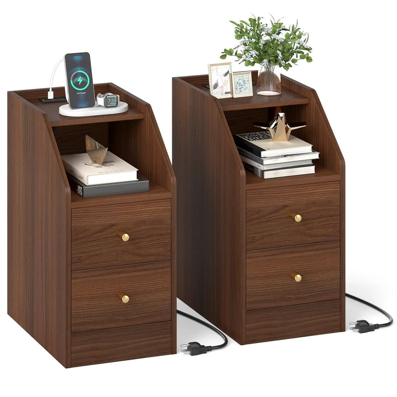 Set of 2 Side End Tables with Charging Station Sofa Couch Tables with Shelf Drawers by DirectDeals