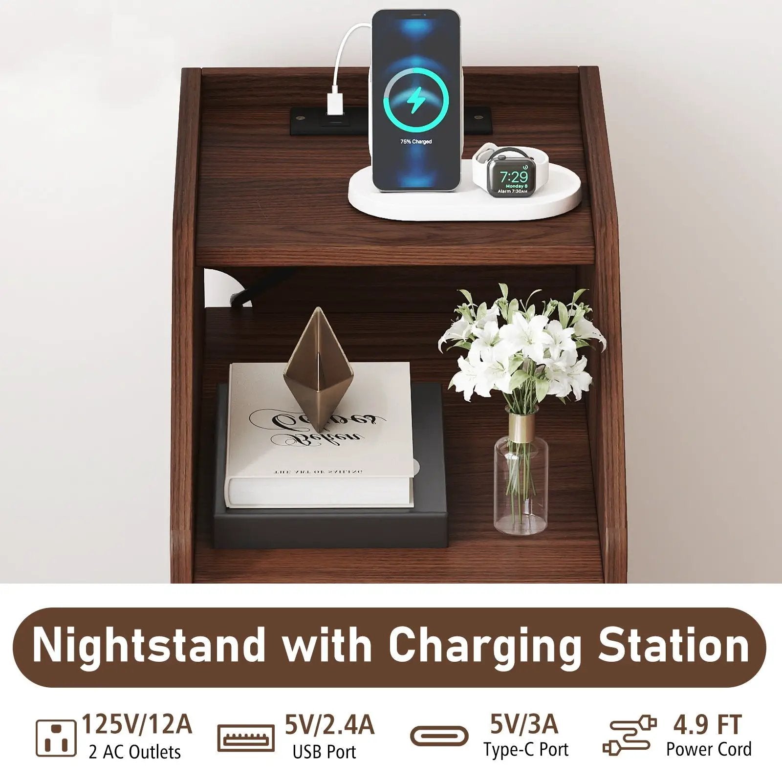Set of 2 Side End Tables with Charging Station Sofa Couch Tables with Shelf Drawers by DirectDeals