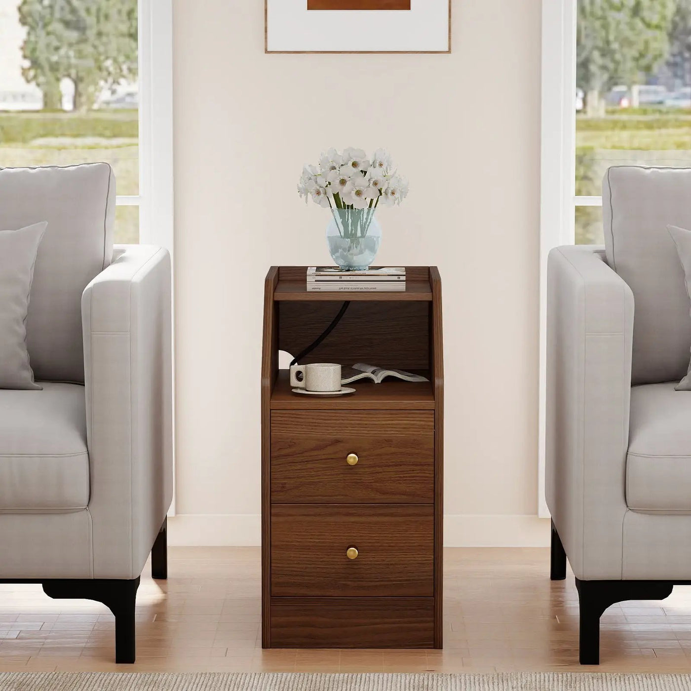 Set of 2 Side End Tables with Charging Station Sofa Couch Tables with Shelf Drawers by DirectDeals