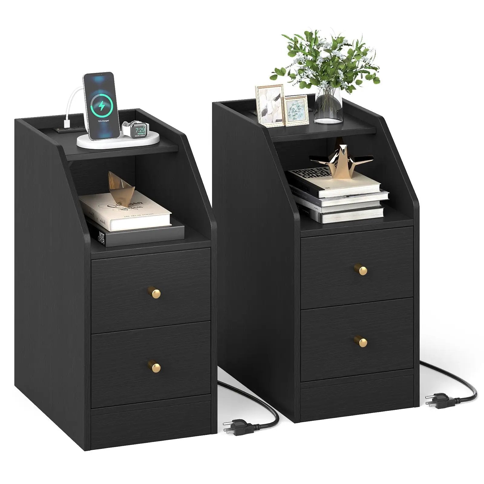 Set of 2 Side End Tables with Charging Station Sofa Couch Tables with Shelf Drawers by DirectDeals