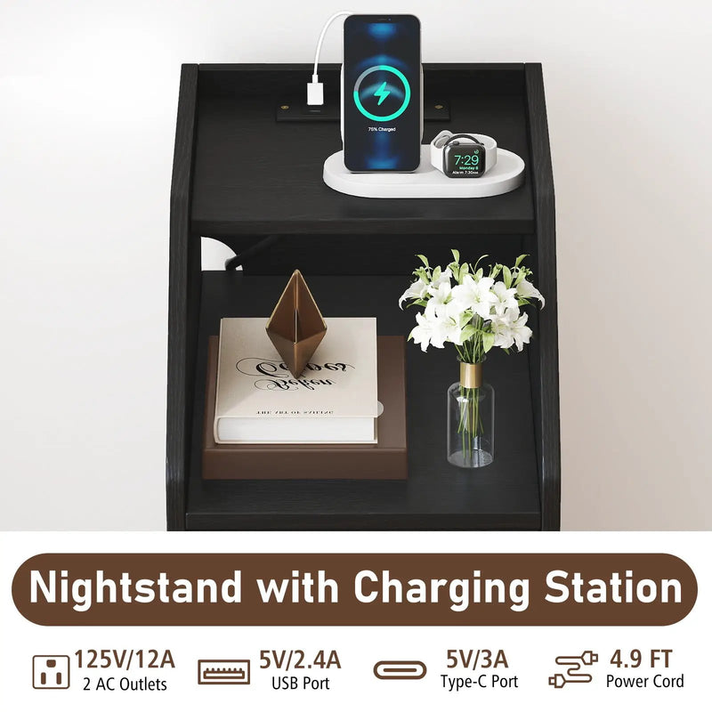 Set of 2 Side End Tables with Charging Station Sofa Couch Tables with Shelf Drawers by DirectDeals