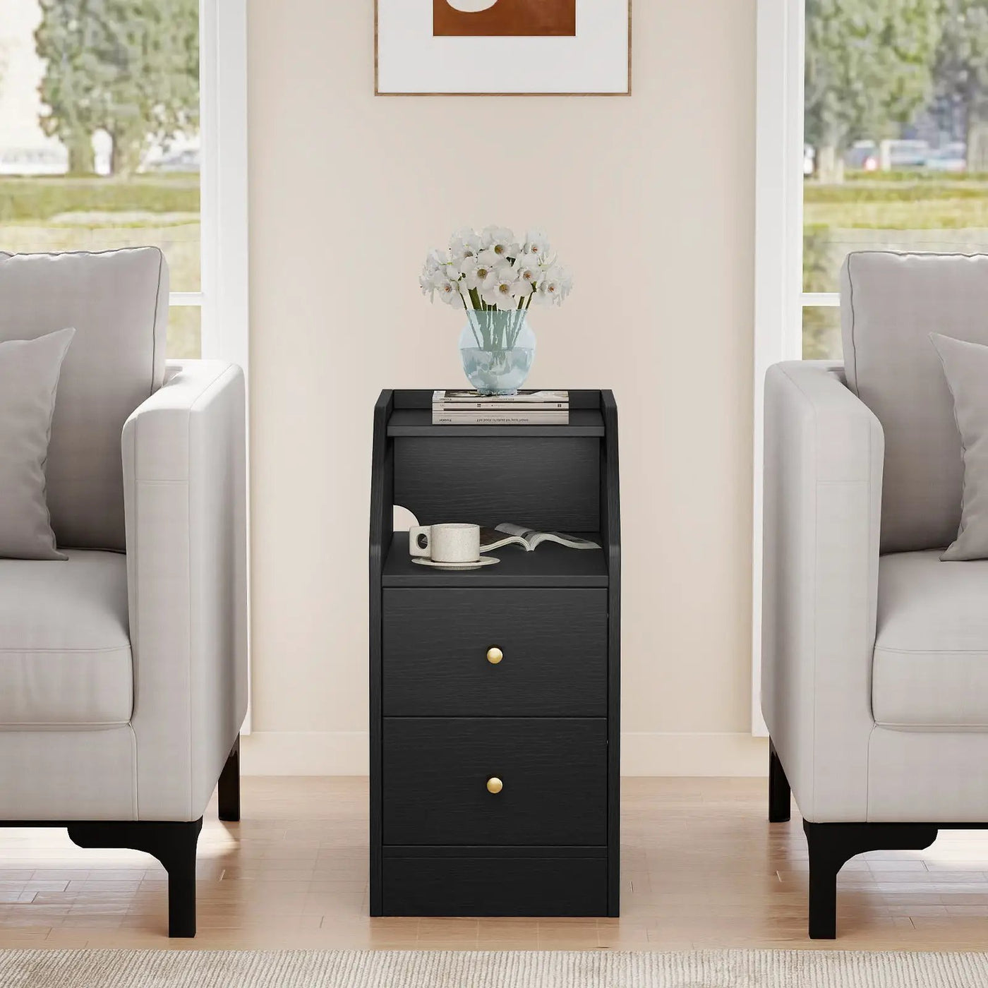 Set of 2 Side End Tables with Charging Station Sofa Couch Tables with Shelf Drawers by DirectDeals