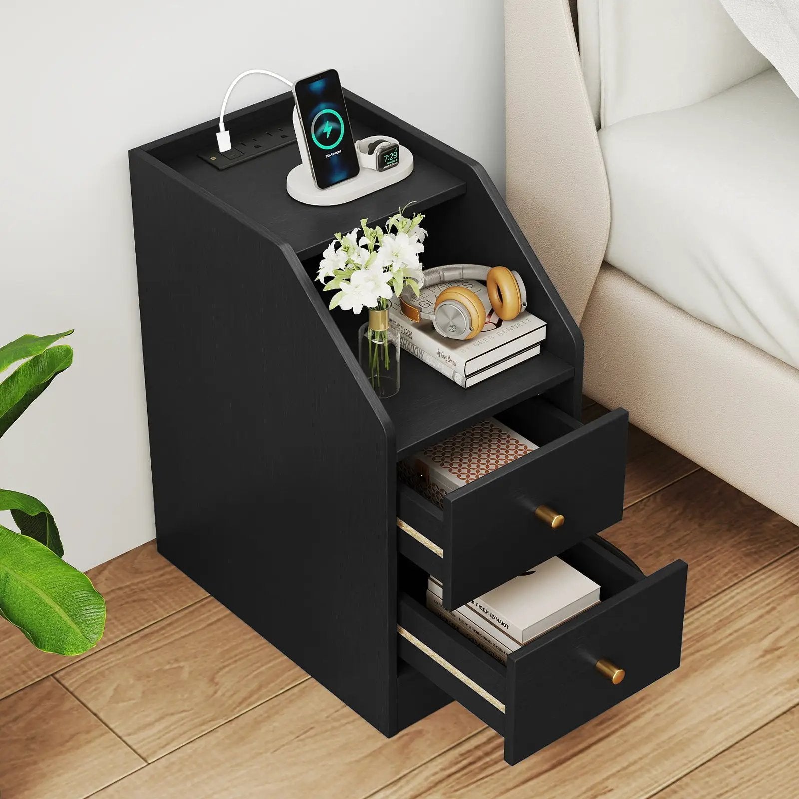 Set of 2 Side End Tables with Charging Station Sofa Couch Tables with Shelf Drawers by DirectDeals