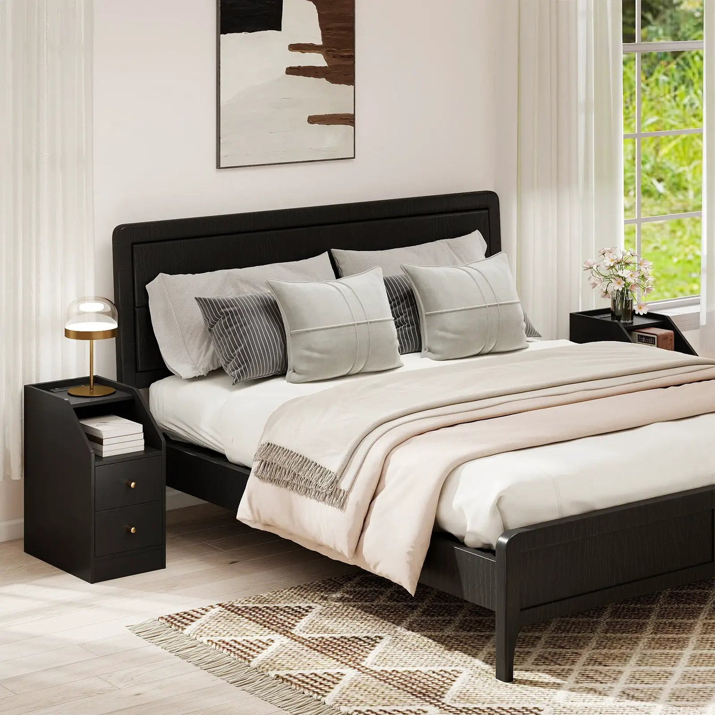 Set of 2 Side End Tables with Charging Station Sofa Couch Tables with Shelf Drawers by DirectDeals