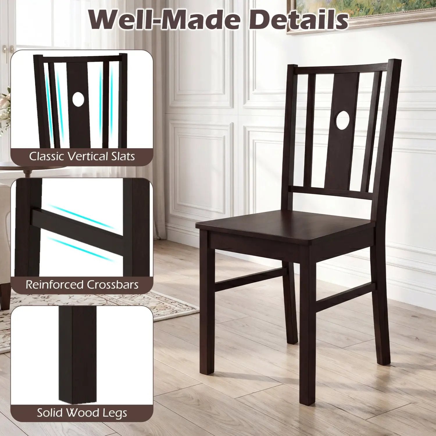 Solid Rubber Wood Dining Chairs Set of 2 with Slatted Back by DirectDeals