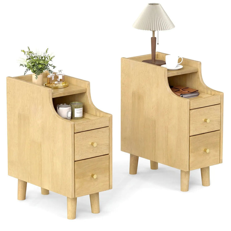 Set of 2 Solid Wood Night Side Table with Pull-out Tray and 2 Storage Drawers by DirectDeals