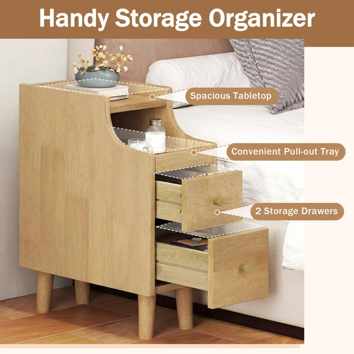 Set of 2 Solid Wood Night Side Table with Pull-out Tray and 2 Storage Drawers by DirectDeals