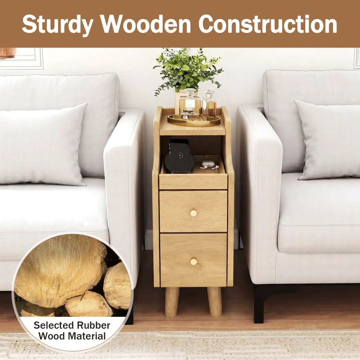 Set of 2 Solid Wood Night Side Table with Pull-out Tray and 2 Storage Drawers by DirectDeals