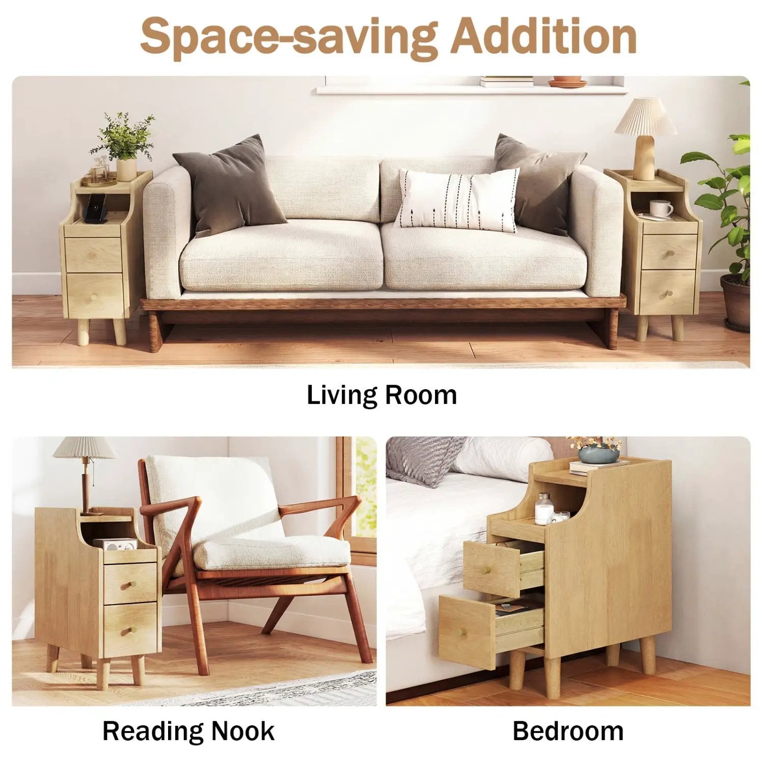 Set of 2 Solid Wood Night Side Table with Pull-out Tray and 2 Storage Drawers by DirectDeals