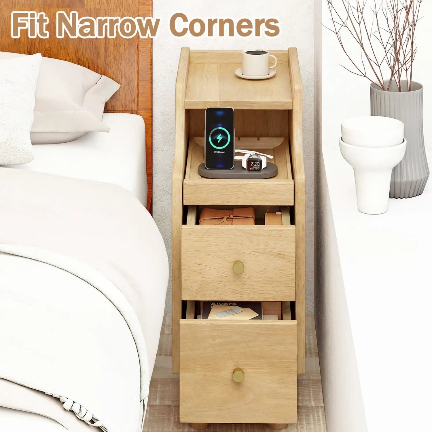 Set of 2 Solid Wood Night Side Table with Pull-out Tray and 2 Storage Drawers by DirectDeals