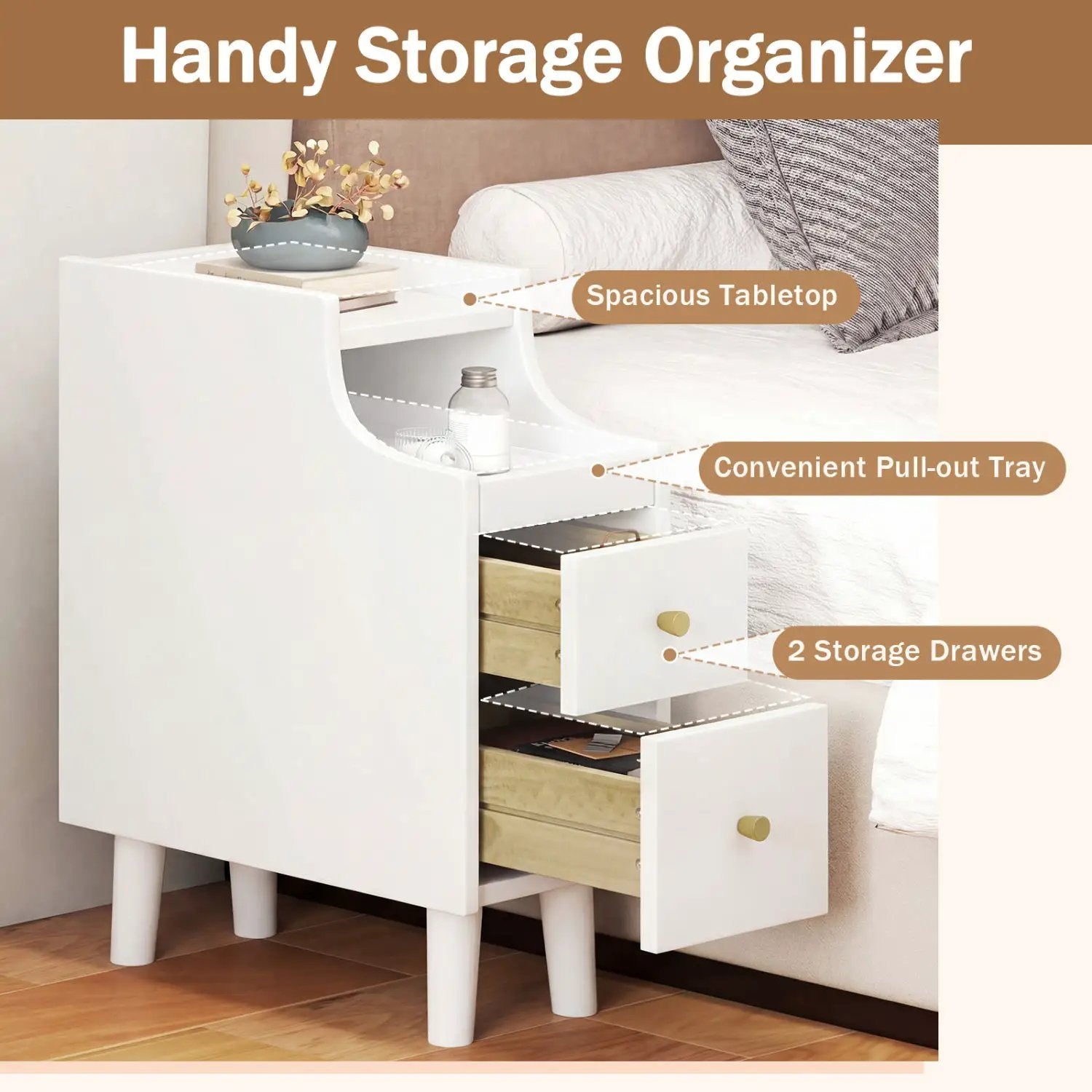 Set of 2 Solid Wood Night Side Table with Pull-out Tray and 2 Storage Drawers by DirectDeals