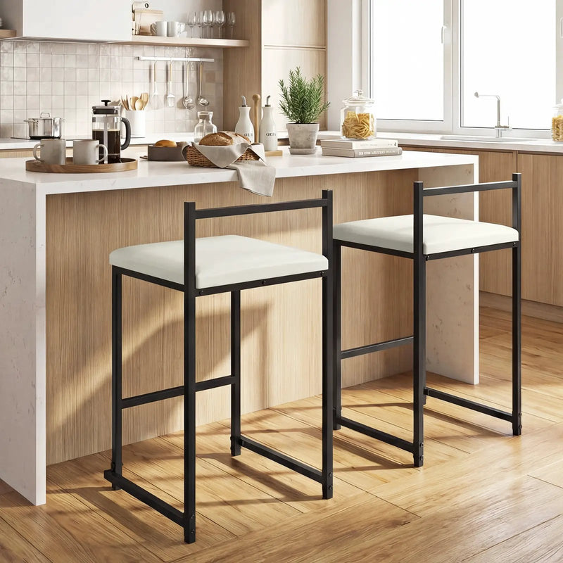 Set of 2 Stackable Counter Height Bar Stools PU Leather Upholstered with Footrest-Black by DirectDeals