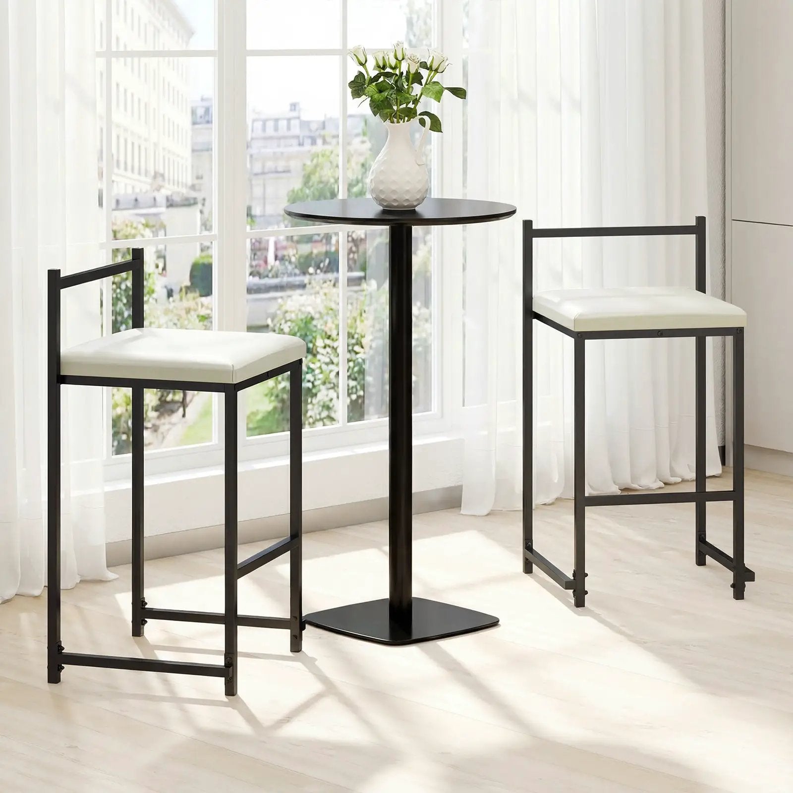 Set of 2 Stackable Counter Height Bar Stools PU Leather Upholstered with Footrest-Black by DirectDeals
