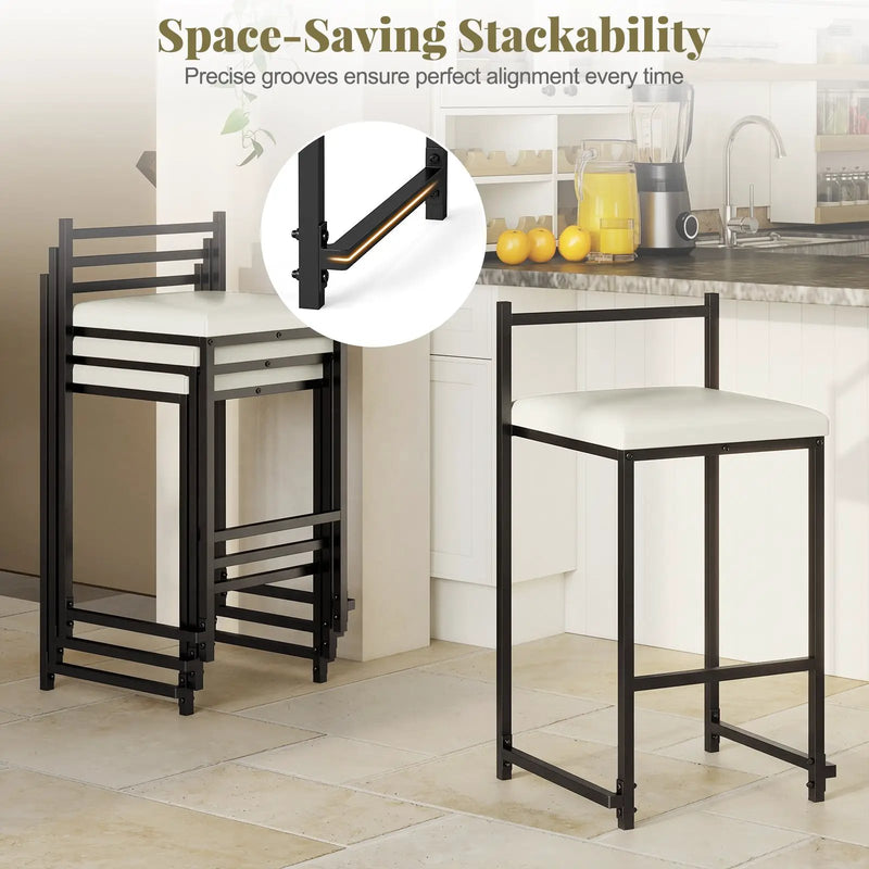 Set of 2 Stackable Counter Height Bar Stools PU Leather Upholstered with Footrest-Black by DirectDeals