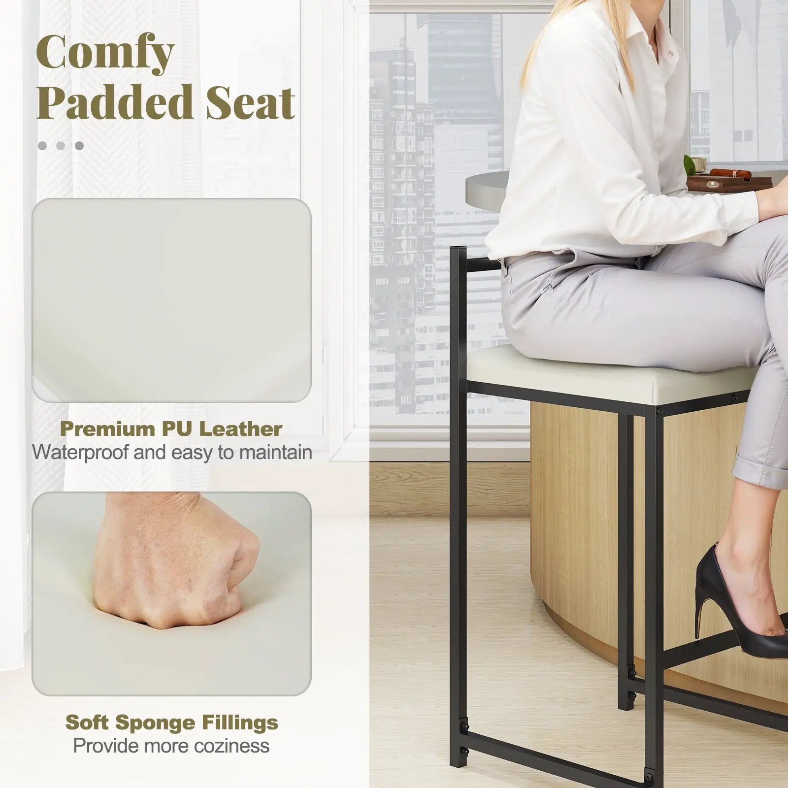 Set of 2 Stackable Counter Height Bar Stools PU Leather Upholstered with Footrest-Black by DirectDeals