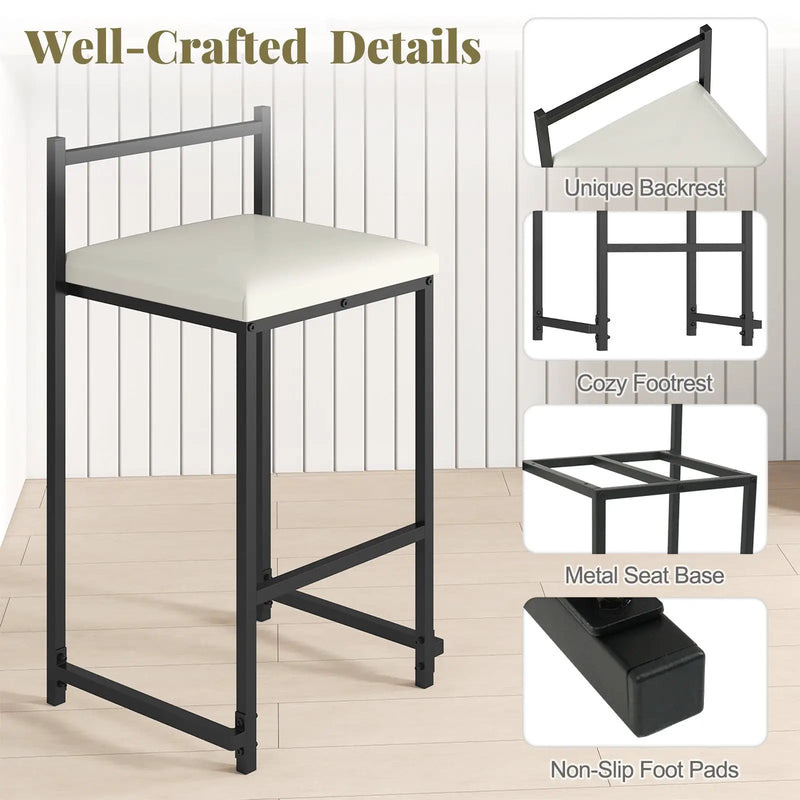 Set of 2 Stackable Counter Height Bar Stools PU Leather Upholstered with Footrest-Black by DirectDeals