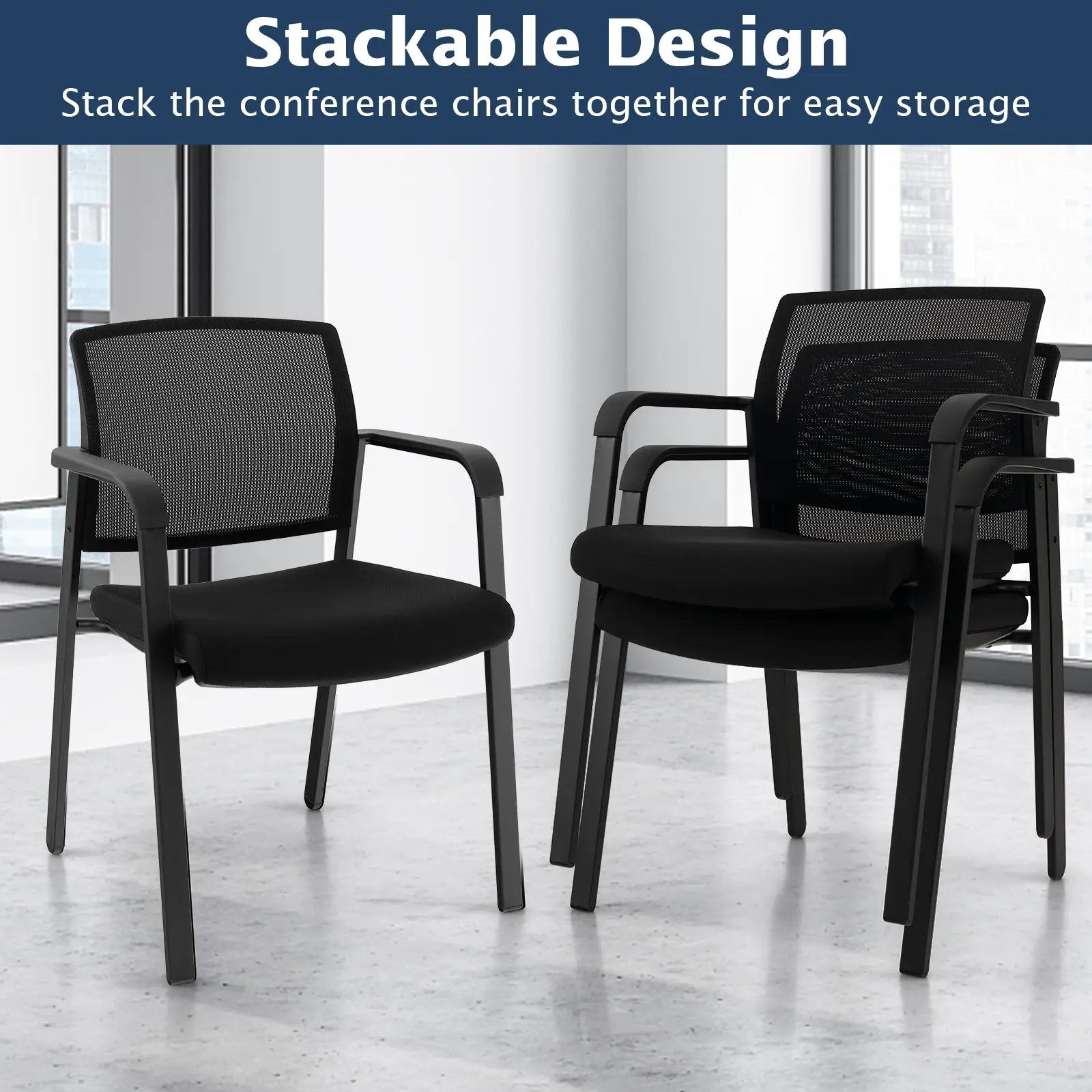 Set of 2 Stackable Reception Room Chairs with Padded Seat-Black by DirectDeals