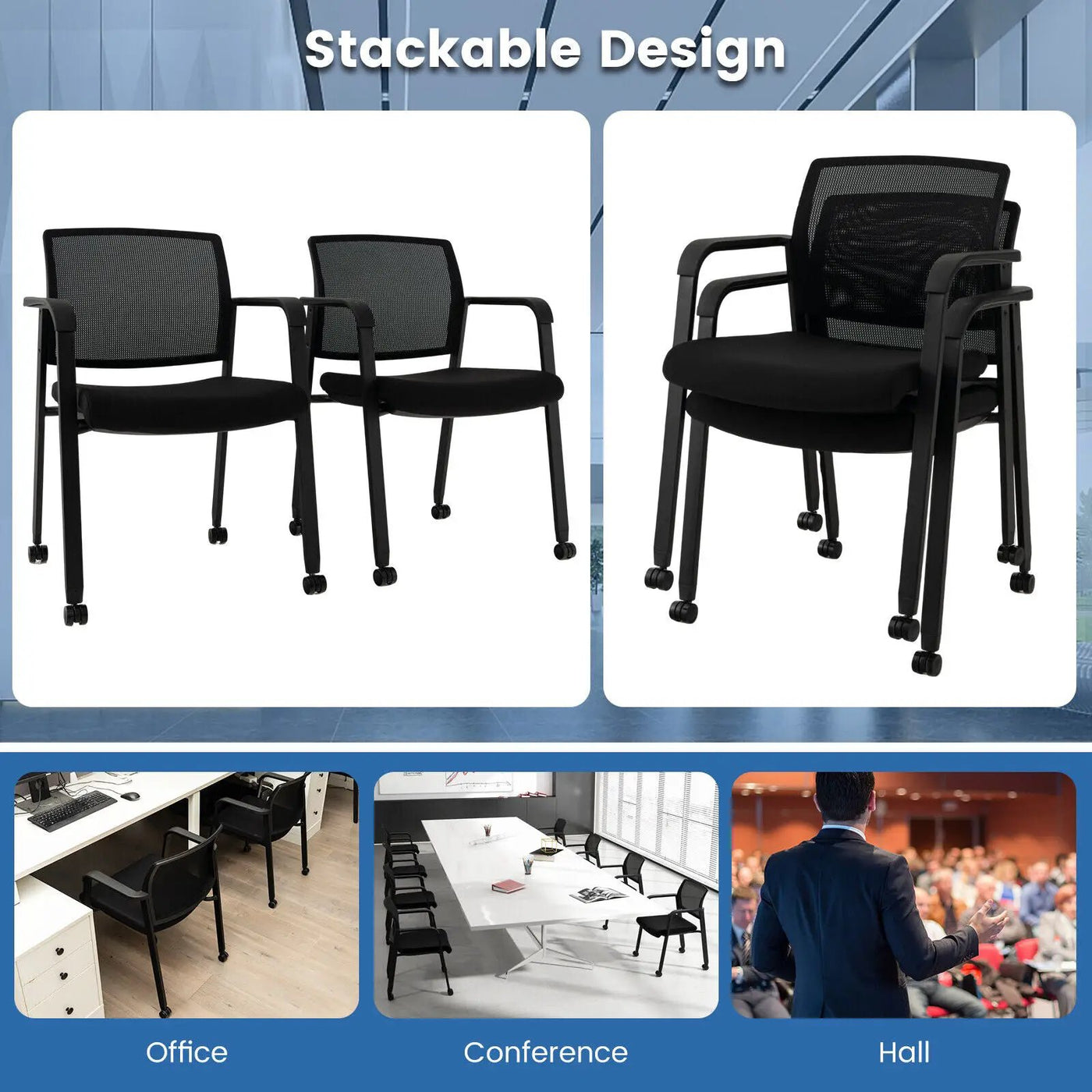Set of 2 Stackable Rolling Office Chairs with Mesh Backrest by DirectDeals