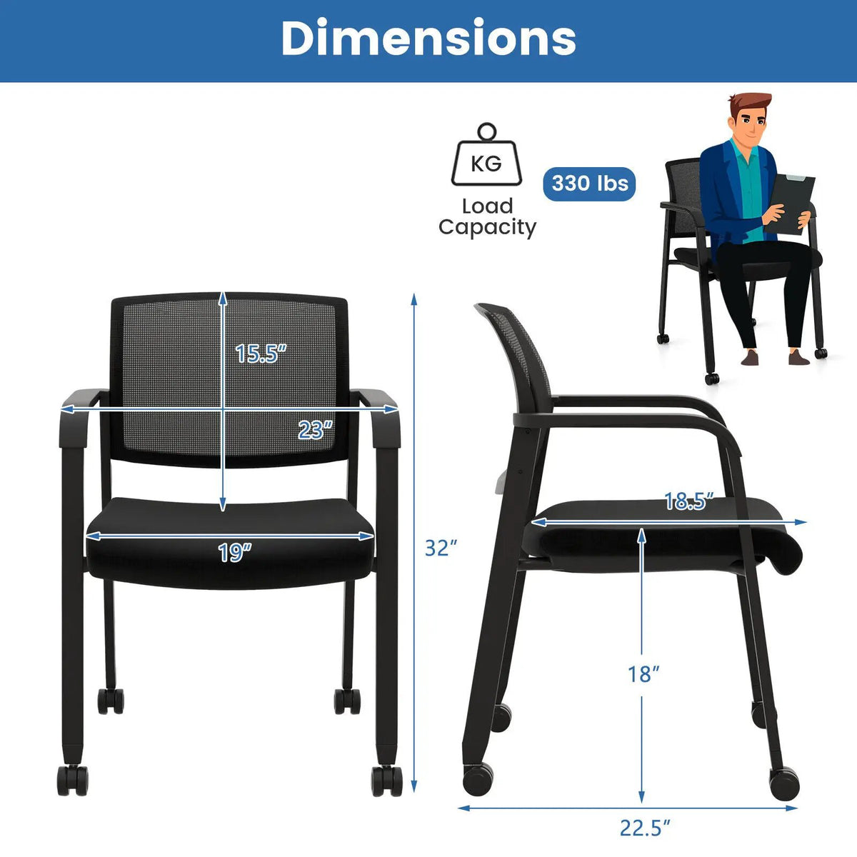 Set of 2 Stackable Rolling Office Chairs with Mesh Backrest by DirectDeals