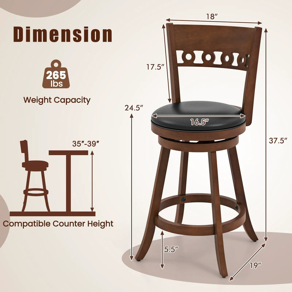 Set of 2 Swivel Bar Stools with Rubber Wood Frame by DirectDeals