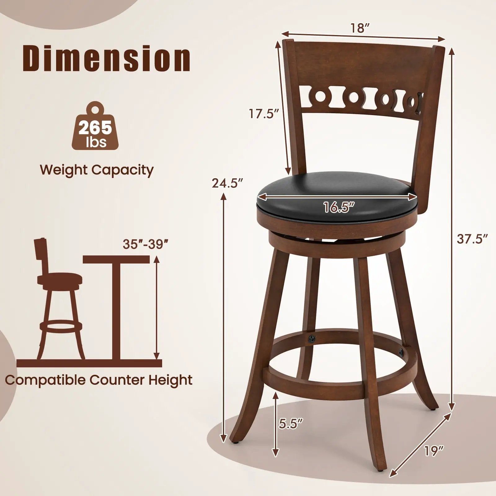 Set of 2 Swivel Bar Stools with Rubber Wood Frame by DirectDeals