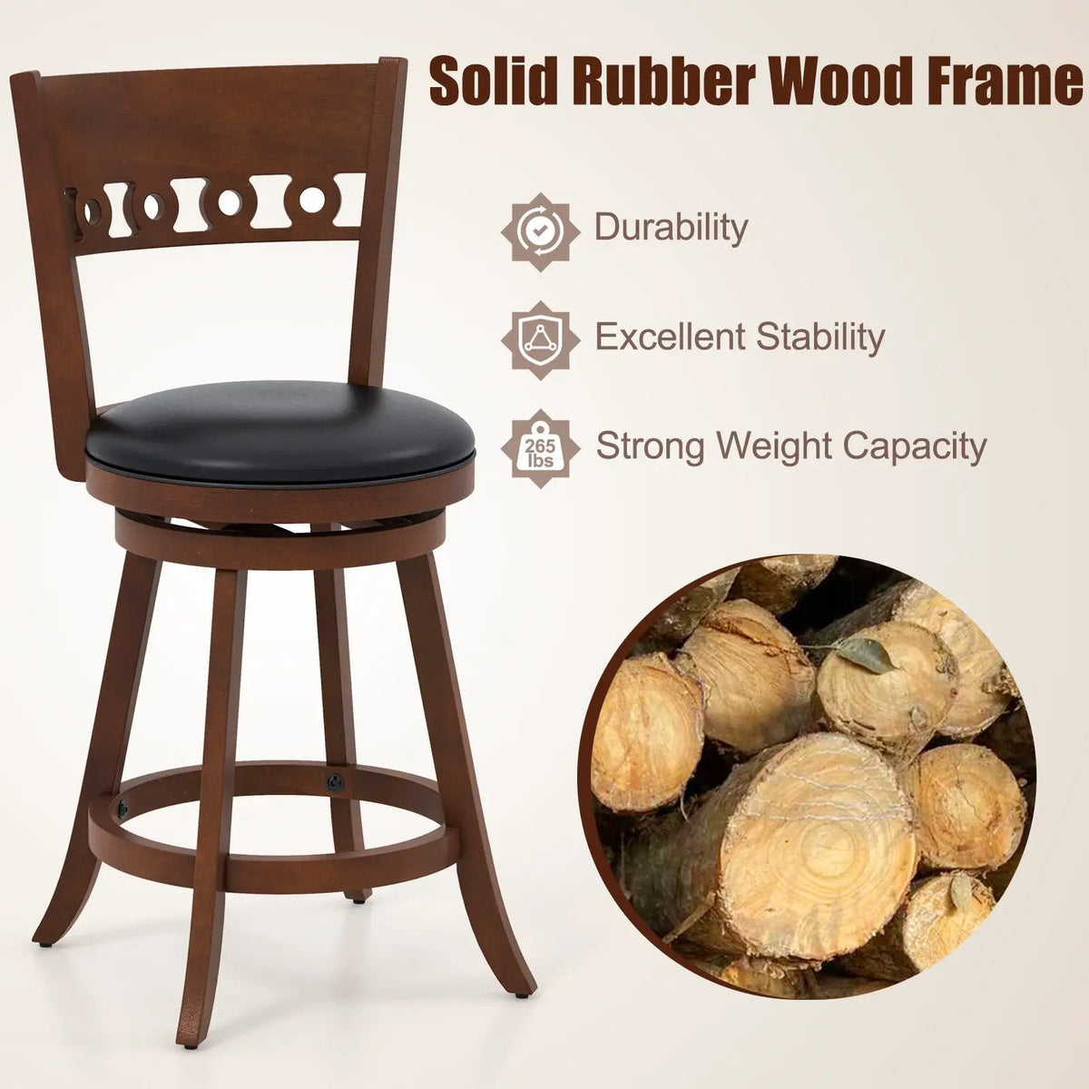 Set of 2 Swivel Bar Stools with Rubber Wood Frame by DirectDeals