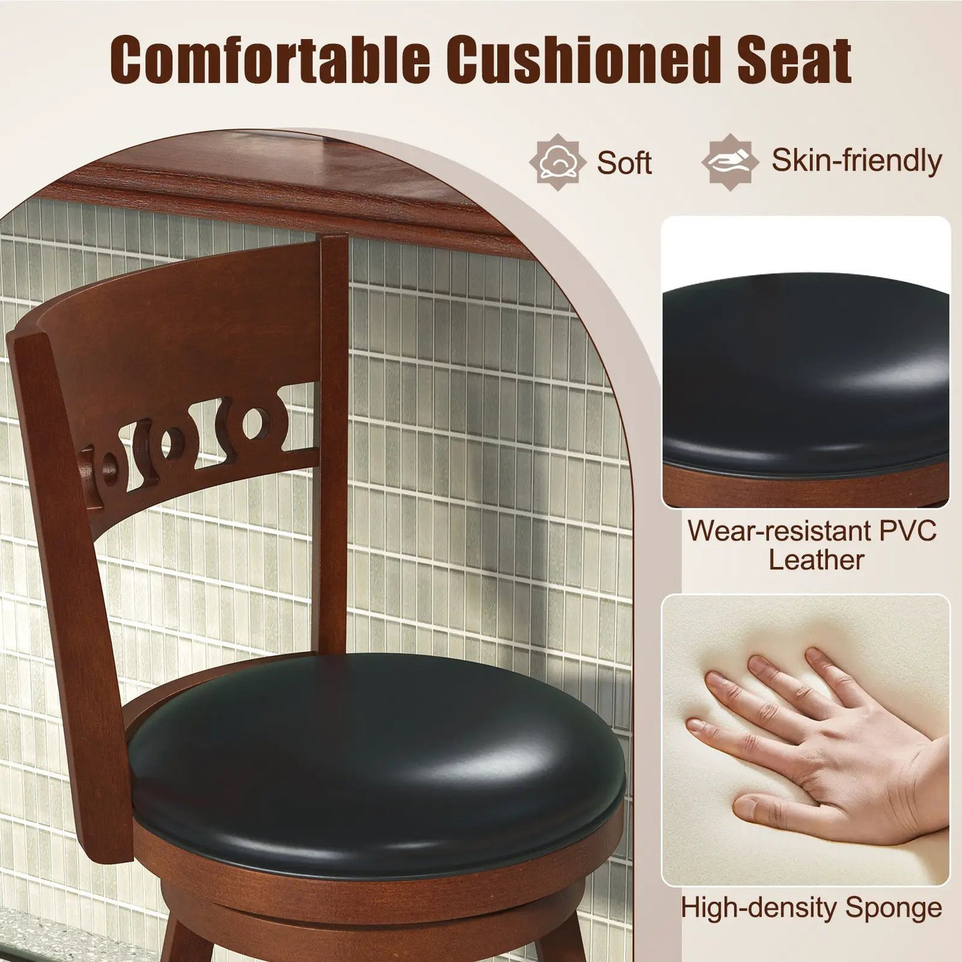 Set of 2 Swivel Bar Stools with Rubber Wood Frame by DirectDeals