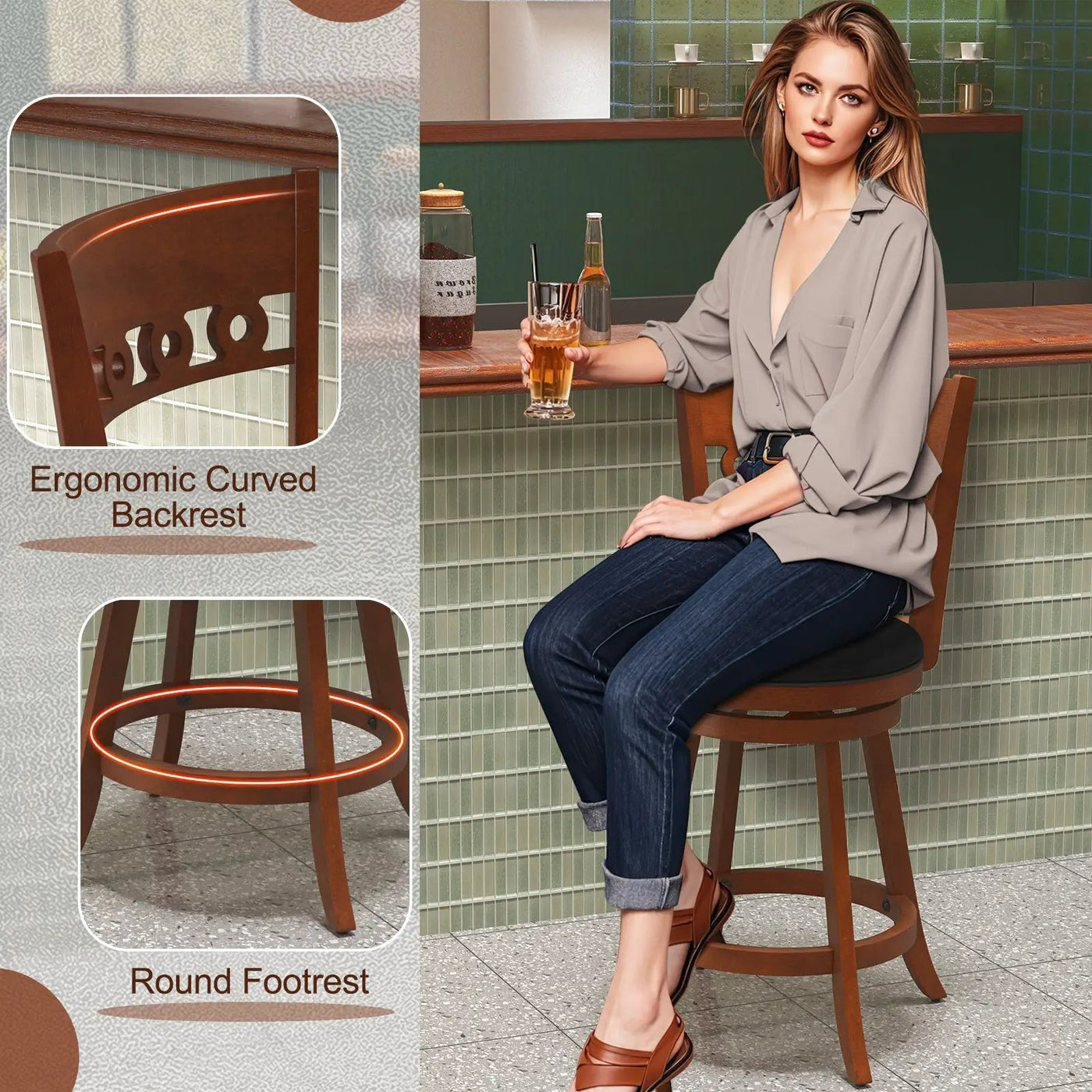 Set of 2 Swivel Bar Stools with Rubber Wood Frame by DirectDeals