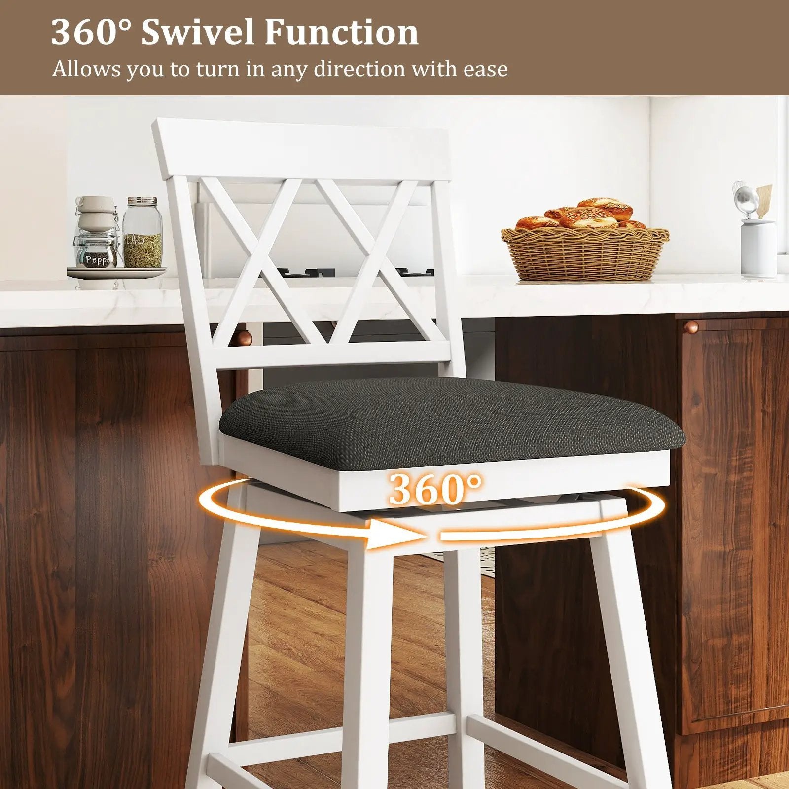 Set of 2 Swivel Bar Stools Counter Height Barstools with Backrest Upholstered Seat Cushion by DirectDeals
