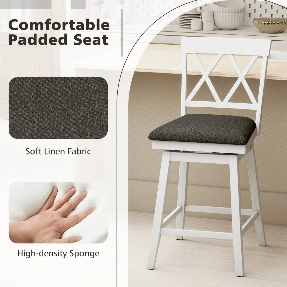 Set of 2 Swivel Bar Stools Counter Height Barstools with Backrest Upholstered Seat Cushion by DirectDeals