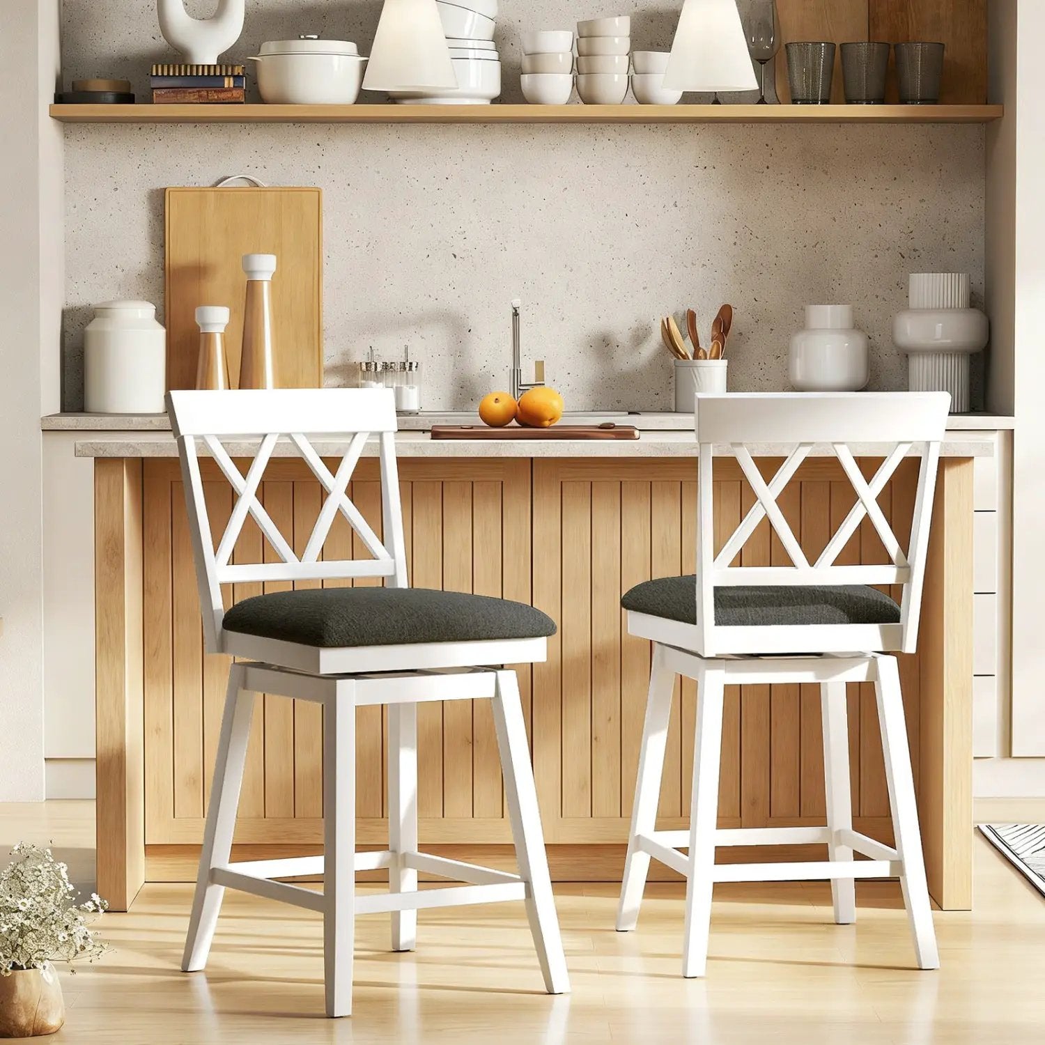 Set of 2 Swivel Bar Stools Counter Height Barstools with Backrest Upholstered Seat Cushion by DirectDeals