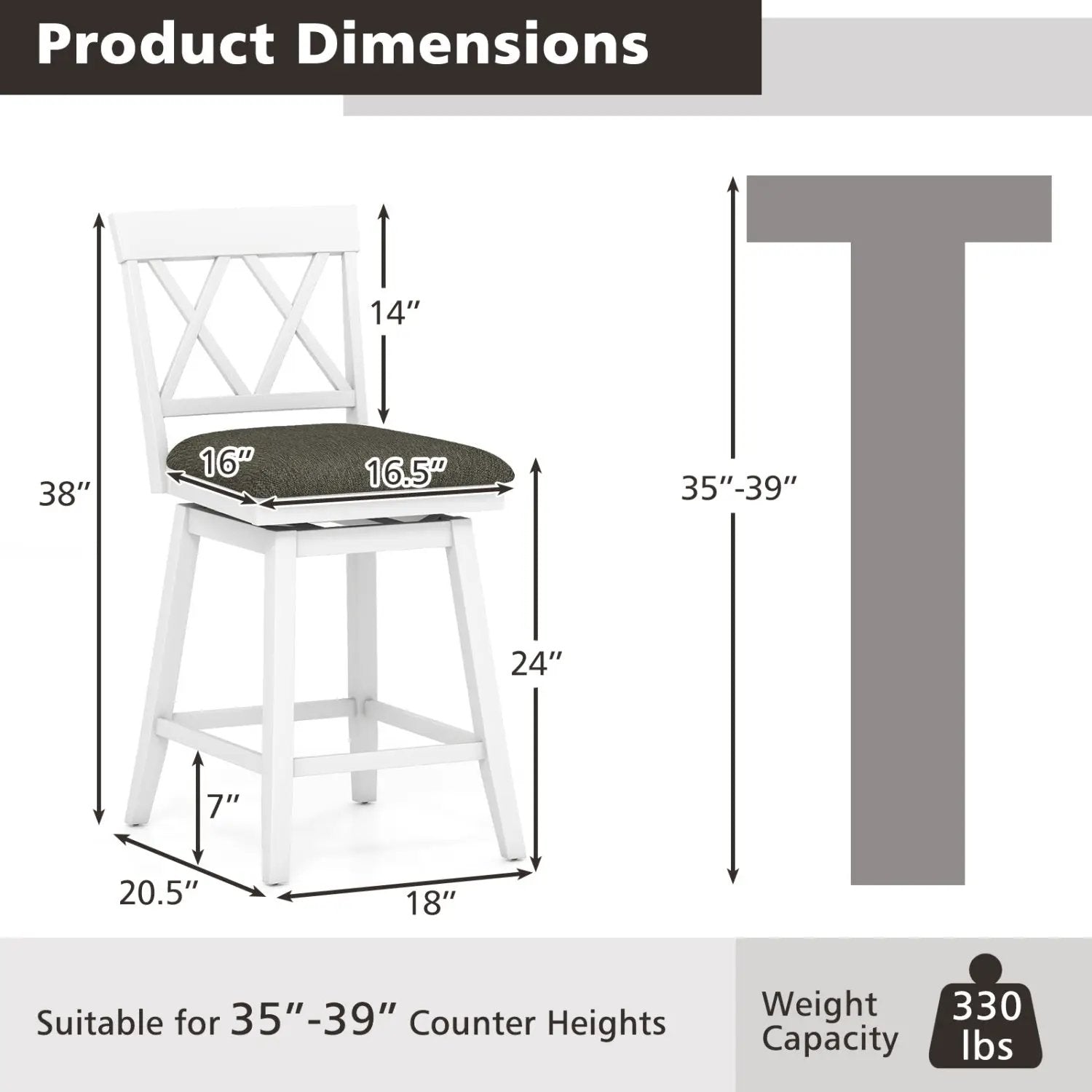 Set of 2 Swivel Bar Stools Counter Height Barstools with Backrest Upholstered Seat Cushion by DirectDeals